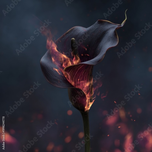 black calla lily burning. Breakup, end of relationship, grief concept and metaphor. Mental health and suffering.