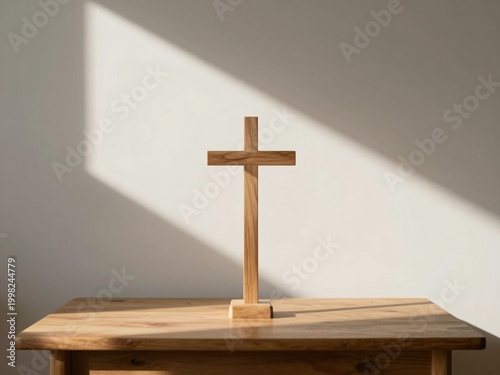 Wooden Cross on Table in Sunlight