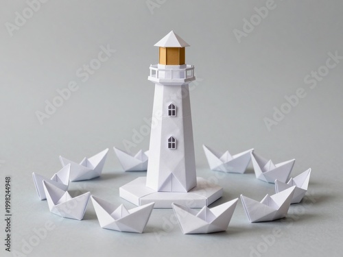 Paper lighthouse surrounded by origami boats