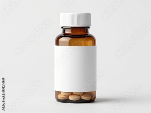 Amber medicine bottle with blank white label