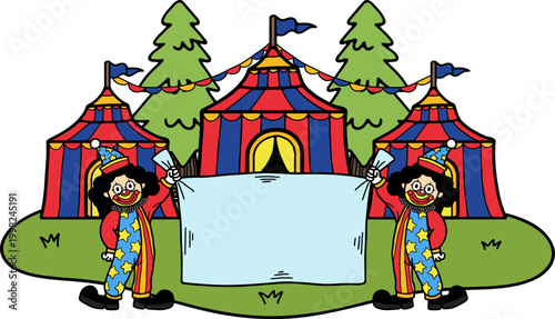 Two clowns are holding a sign in front of the circus.