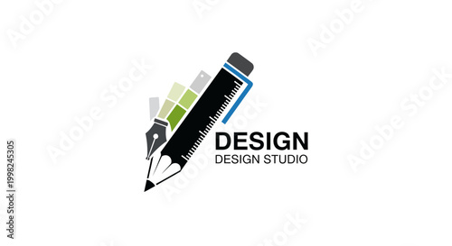 Creative design studio logo with pencil pen and ruler isolated on white background