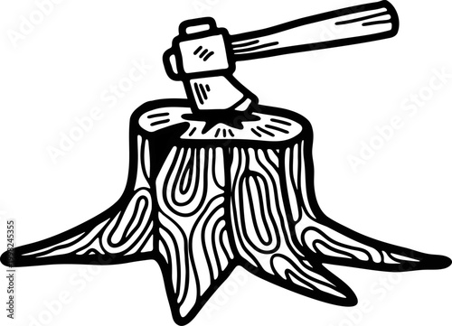 black and white illustration of A tree stump with an axe stuck in it.
