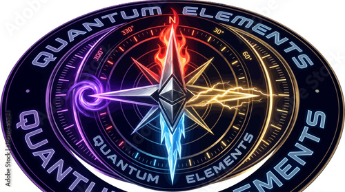 Futuristic digital compass emblem with vibrant elemental energy streams, representing quantum power and dynamic exploration, ideal for gaming or technology logos