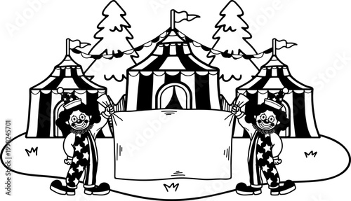 black and white illustration of Two clowns are holding a sign in front of the circus.