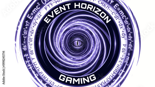 Powerful futuristic gaming emblem with a mesmerizing cosmic vortex eye, intricately designed amidst scientific equations, symbolizing an intense event horizon