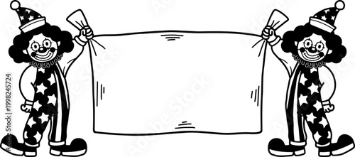 black and white illustration of Two clowns are holding a sign together.