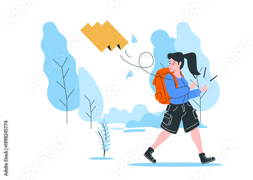 Location lost illustration with backpacker woman holding broken compass, vector concept for gps error and navigation not found page