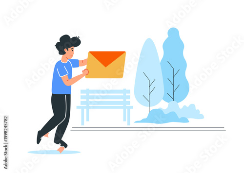 Message sent illustration with man holding envelope letter walking in park, vector concept for email delivered and successful send