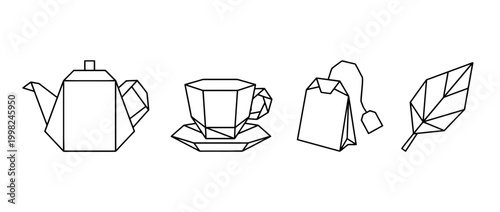 tea , Geometric Origami line art vector set
