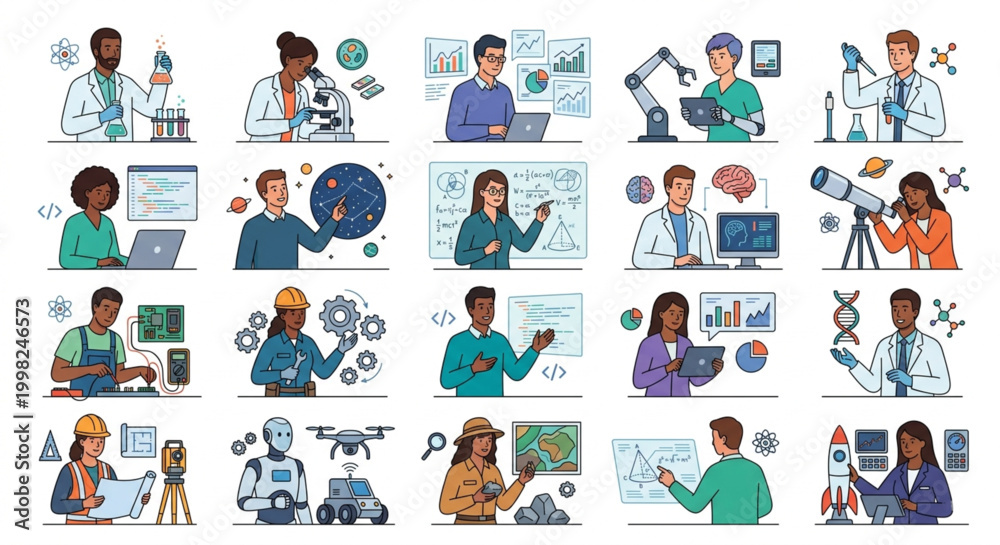 Fototapeta premium Collection of STEM Professionals and Scientists Vector Characters