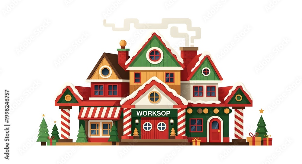 Fototapeta premium Festive Christmas workshop house illustration with snow and candy cane pillars