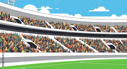 A packed stadium hosts an exciting football match on a sunny day