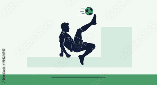 Man in motion kicking football high in air with force