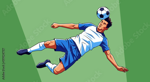 A football player kicks ball high in green stadium air