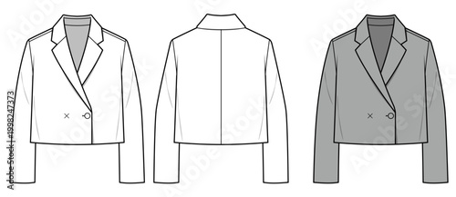 Women's Oversized Cropped Blazer with Peaked Lapel, Short Tailored Jacket Fashion Flat Sketch, Technical Vector Illustration