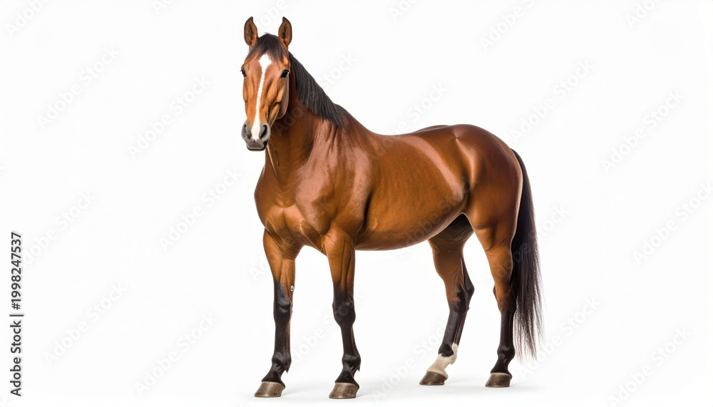 Obraz premium Bay horse standing calmly, isolated on white background for equine, farm and animal concepts