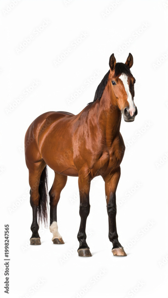 Obraz premium Bay horse standing calmly, isolated on white background for equine, farm and animal concepts