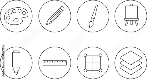 Art and Design Line Icon Set Minimal Outline Icons for Creative Tools Palette Pencil Brush Ruler Vector Collection