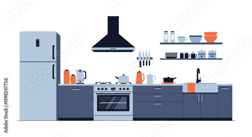 Modern kitchen interior with blue cabinets white appliances a large refrigerator and neatly organized shelves with dishes.