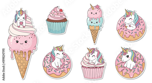 Adorable unicorn themed sweets and treats like pink cupcakes donuts and ice cream cones decorated with cute characters.
