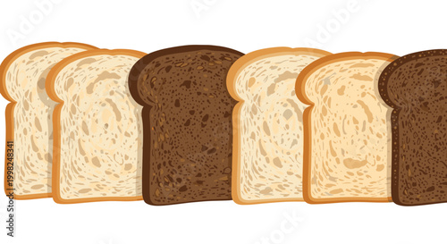 Variety of sliced bread types ranging from light white to dark whole grain and rye, arranged in a row to show different textures and colors.