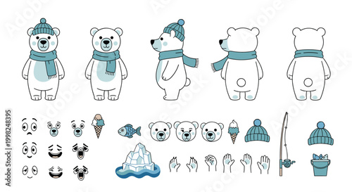 Character design sheet for a cute polar bear wearing a blue winter hat and scarf, featuring various poses, expressions, and accessory items.