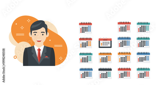 Professional businessman in a formal suit stands next to a collection of colorful monthly calendar icons representing scheduling and planning.