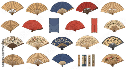 Assortment of traditional Asian folding hand fans with various colors, floral patterns, and calligraphy designs displayed on a white background.
