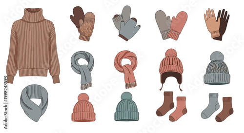 Collection of cozy winter clothing items such as a knitted sweater, scarves, mittens, gloves, hats, and socks in soft earthy and muted colors.