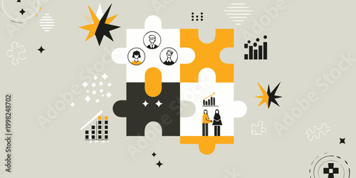 Puzzle pieces with business people and graph vector illustration