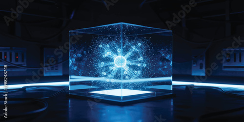 Glowing blue cube with neural network connections on a futuristic laboratory table top