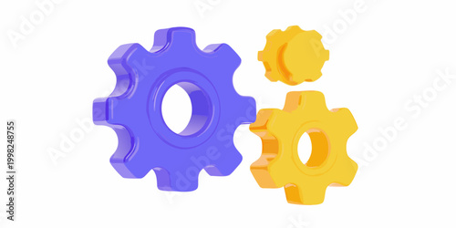3d rendered gears blue and yellow isolated on white background