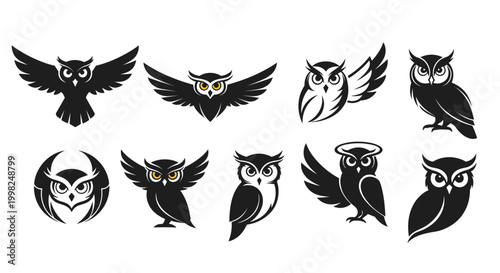 Collection of stylized black owl silhouettes in different poses like flying and perched, suitable for logo design or nature illustrations.