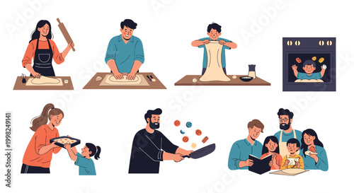 Set of illustrations depicting a family and individuals engaged in home cooking activities like kneading dough, baking, and frying food together.