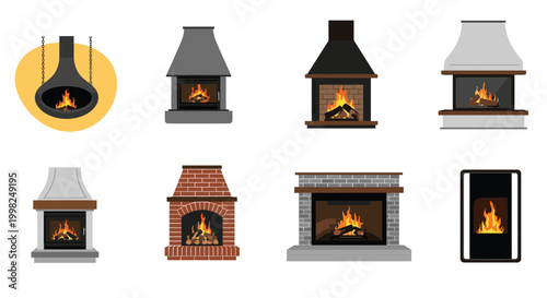 Collection of various modern and traditional fireplace designs with burning wood, shown in different architectural styles for interior decor.