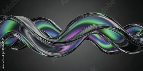 Colorful shiny wavy metallic ribbon with rainbow hues on dark background