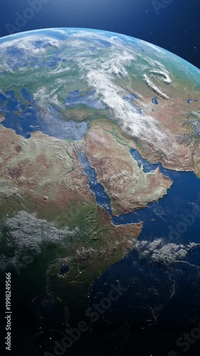 Planet earth transitions from night city lights to natural daylight across surface while floating in deep space to suggest planetary change