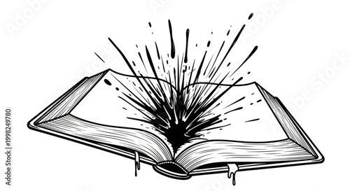 Exploding Book Black Ink Splash Inkwell Knowledge Wisdom Education Concept