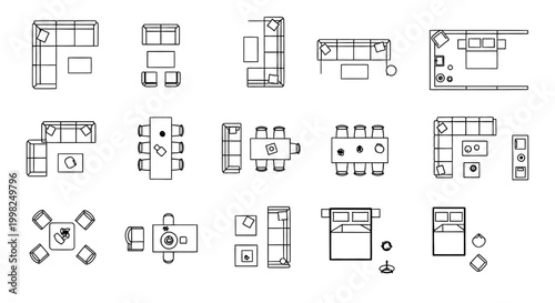 various interior design furniture arrangements in top view for floor plans