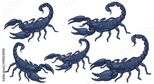 Scorpions Danger Concept - Multiple Dark Blue Arachnids on White Background
