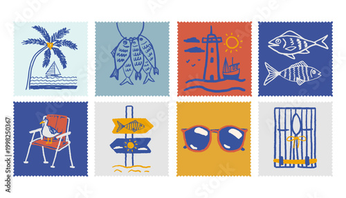 Hand drawn summer vacation illustration set with   nautical marine elements including palm tree, fish, lighthouse, seagull and life jacket. Coastal travel postage stamps.
