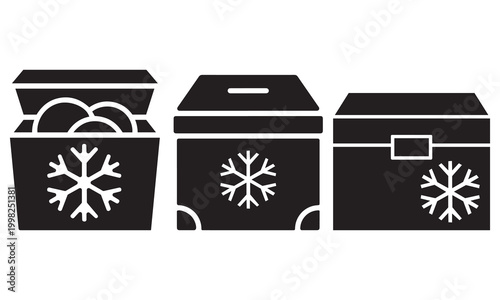Three containers with snowflake symbols for frozen food or cold storage container snowflake refrigerated delivery temperature transport