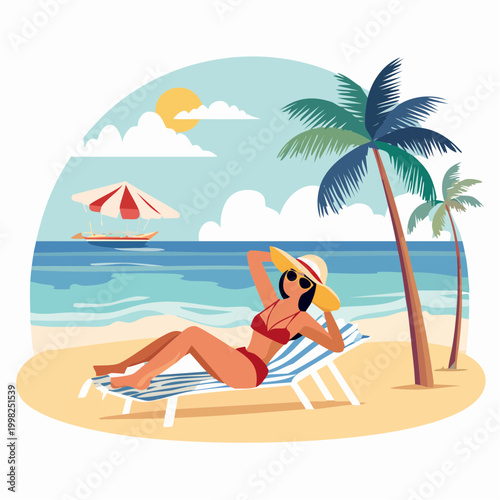 Woman relaxing on a beach chair under palm trees