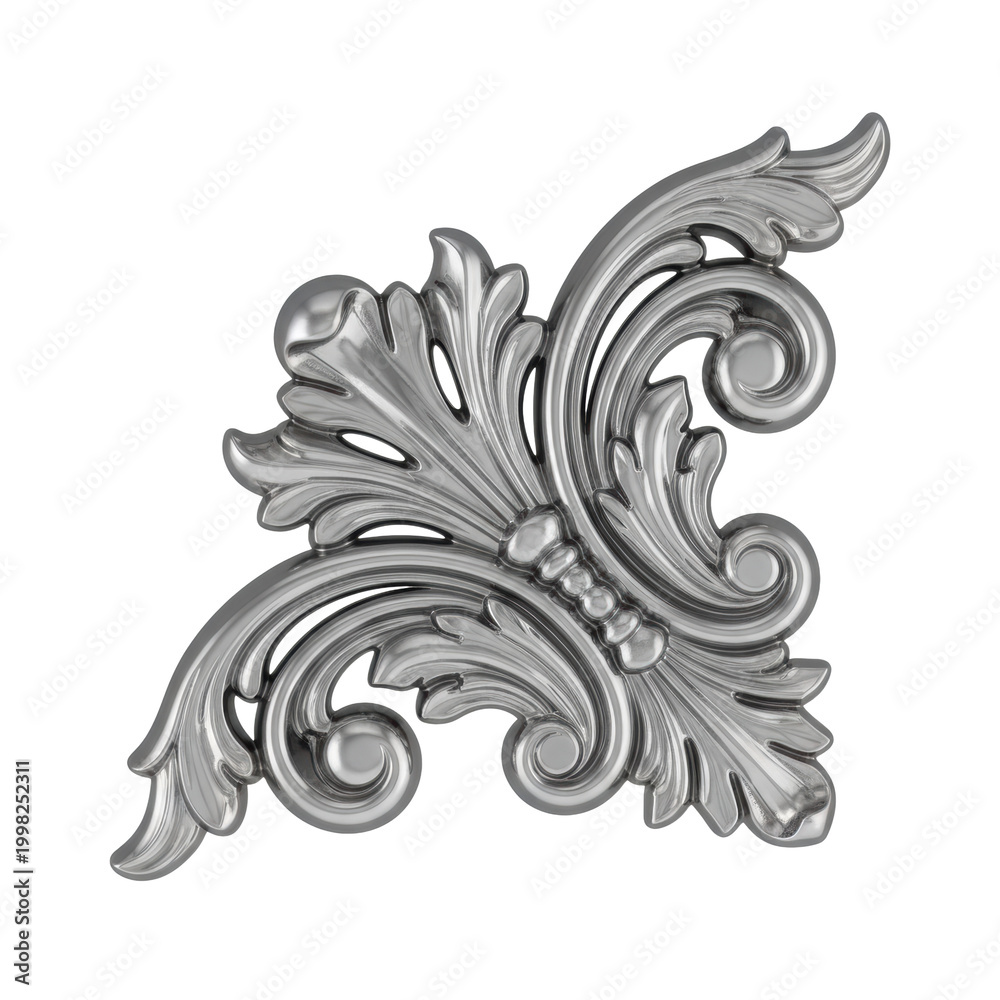 Fototapeta premium Ornate victorian corner flourish featuring complex acanthus leaf motifs and elegant scrollwork crafted from polished reflective silver, classical elegance atmosphere