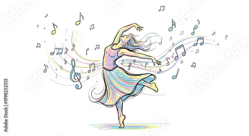 Woman Dancing with Musical Notes Flying.