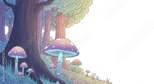 Colorful mushrooms growing in forest.
