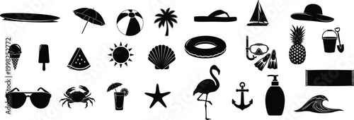 Summer Beach Black Silhouette Icons Collection Bundle, Tropical Vacation Elements Set, Palm Tree Flamingo Sun Sea Anchor Surfboard Crab Starfish Seashell Wave Clipart Pack