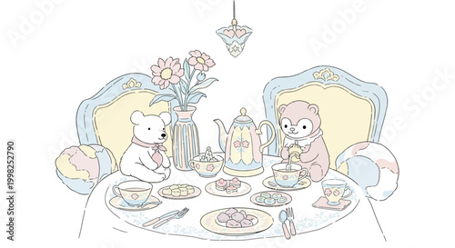 Teddy bear and girl having tea.