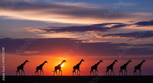 The silhouettes of giraffes against the vibrant backdrop of a sunset, their long necks reaching towards the sky, creating a sense of awe and wonder.